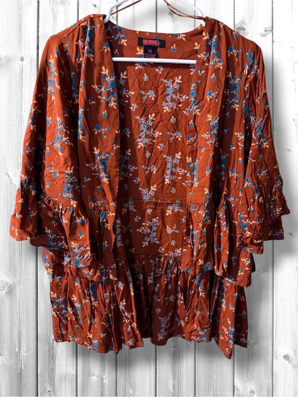 🌹Rock & Roll Rust Floral Open-Front Kimono Tunic - Copper & Teal